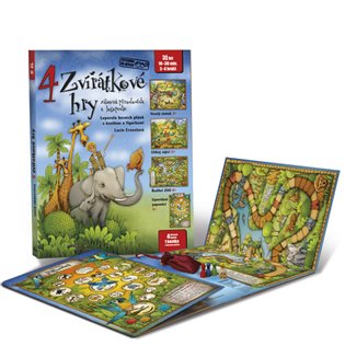 4 zvířátkové hry - Leporelo herních plánů s kostkou a figurkami pro zábavné učení zvířátek a logoped