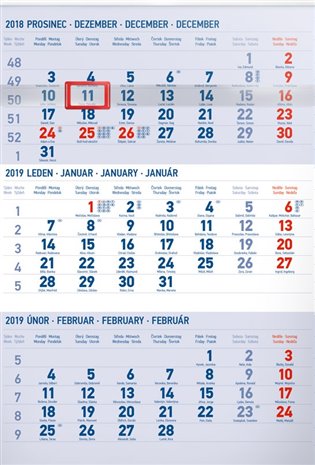 Nástěnný kalendář 3 měsíční standard modrý – s českými jmény 2019 - 