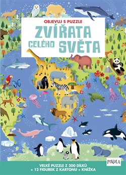 Levně Objevuj s puzzle: Zvířata celého světa. Velké puzzle z 200 dílků + 12 figurek z kartonu + knížka