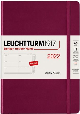 Týdenní diář a zápisník Leuchtturm (A5) 2022, booklet, Port Red, Englis - 