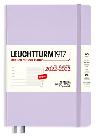 Týdenní diář  Leuchtturm 18ti měsíční Lilac, Weekly Planner & Notebook Medium (A5), 2023 with extra booklet, English - 
