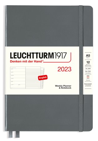 Týdenní diář a zápisník Leuchtturm Anthracite, Weekly Planner & Notebook Medium (A5) 2023, with extra booklet, English - 