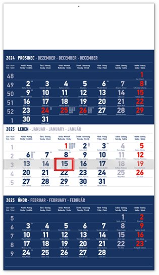 Nástěnný kalendář 3měsíční standard modrý – s českými jmény 2025 - 
