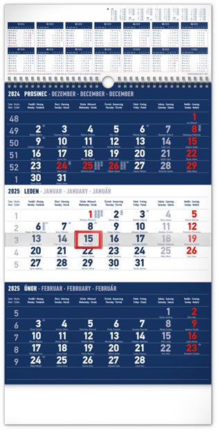 Nástěnný kalendář 3měsíční standard modrý – s ročním přehledem 2025 - 