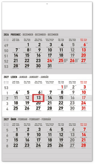 Nástěnný kalendář 3měsíční standard šedý – s českými jmény 2027 - 